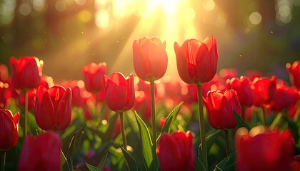 Radiant Red Tulips Blooming Under Warm Golden Sunlight In Blurred Green Field
