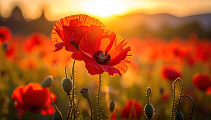 Radiant Red Poppies Field Bathed in Golden Sunset Light with Mountain Backdrop Capturing Warmth and Natural Beauty in Outdoor Setting