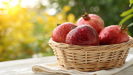 Pomegranate in basket with water drop on surface, Pomegranates in basket in natural background