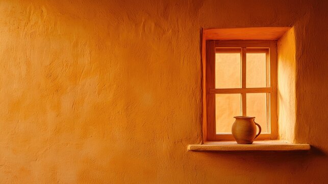 A simple terracotta jug sits on a windowsill, bathed in warm sunlight.