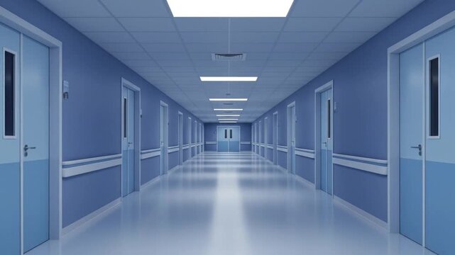 A smooth forward dolly shot through a long, empty, and sterile modern corridor. The blue walls and highly polished, reflective floor create a clean and futuristic atmosphere, illuminated by bright cei