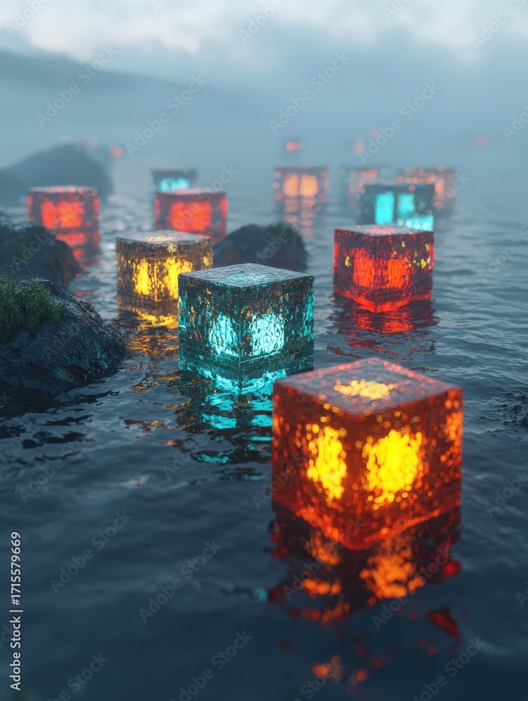 Poster luminous colorful cube lights float mysteriously on foggy waters creating a surreal dreamscape in a 