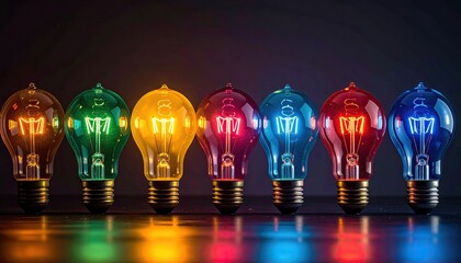 Rainbow Colored Light Bulbs on Dark Surface Glowing Illumination