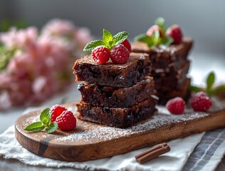 "Editorial food photo, chocolate brownies arranged in layers, garnished with raspberries, powdered sugar dusting, placed with mint leaves for freshness, styled on wooden board, professional DSLR food 