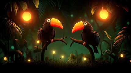 Naklejka premium Two toucans in a mystical, lit jungle scene.