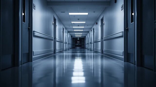 A smooth forward tracking shot moves down a long, empty institutional hallway. Fluorescent lights on the ceiling cast a cool, blue-toned glow, reflecting off the highly polished, sterile floors. Ident