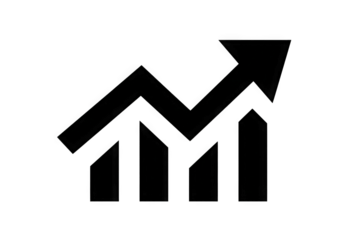 Abstract black graph icon with upward trend and arrows.