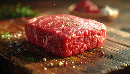 Raw Ribeye Steak on Dark Wooden Board with Salt Pepper and Rosemary Cinematic Lighting Food Photography