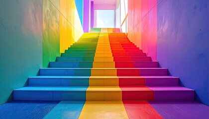 Rainbow Colored Staircase Leading to Bright Light Minimalist Architecture Colorful Painted Steps Indoor Scene Modern Design Vibrant Colors