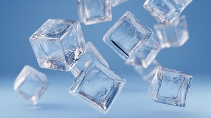 Clear ice cubes float suspended in air on a light blue background, showing textures and light refracting through the water crystal material.