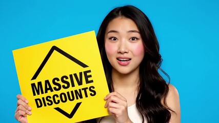Young woman reacts with shock and excitement to massive discounts announcement in vibrant scene - Powered by Adobe