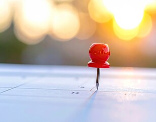 Red Pin on Map with Soft Golden Bokeh Background in Warm Sunlight