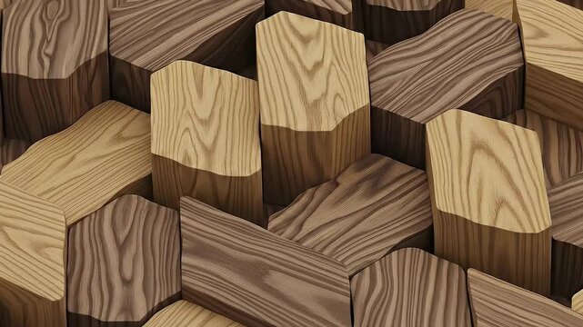 A sophisticated 3D animation of a dynamic, abstract surface made of interlocking geometric blocks with a realistic wood grain texture. The camera smoothly glides over the intricate pattern of light an