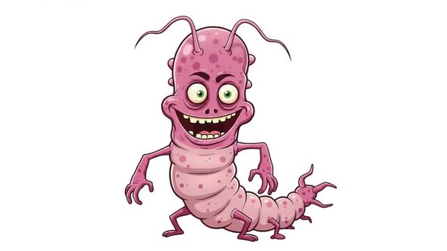Funny cartoon parasite character with creepy expression, animated germ monster design for medical illustration.