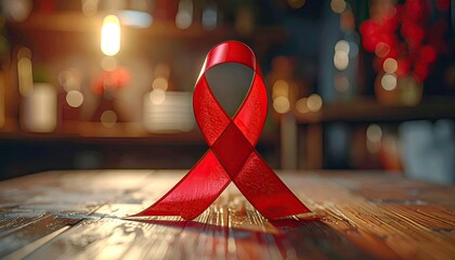 Red Ribbon on Wooden Table Symbolizing Awareness and Support with Blurred Background
