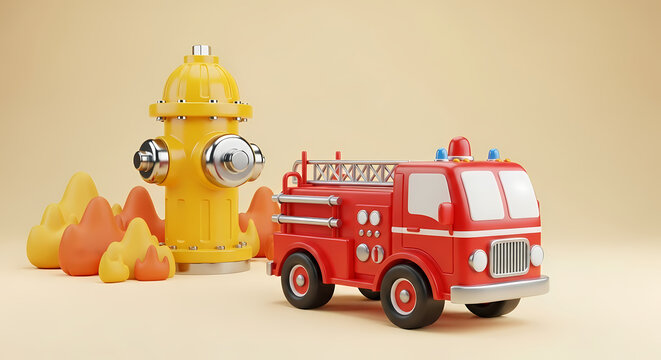 Vibrant 3D rendered red fire truck and yellow hydrant with stylized orange flames.