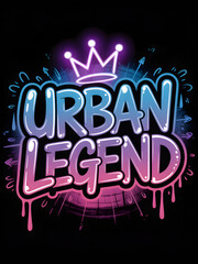 Urban Legend graffiti text design with crown element Neon color style Vector illustration on black b