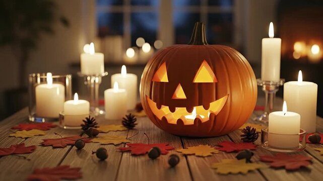 A spooky yet cozy Halloween scene featuring a glowing Jack-o'-lantern as a festive centerpiece. The carved pumpkin sits on a wooden table, surrounded by flickering candles, colorful autumn leaves, aco