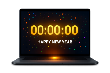 Laptop displaying 000000 and happy new year with confetti, isolated on transparent background
