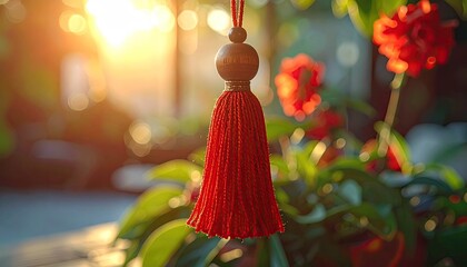 Red Tassel Ornament Hanging Against a Blurred Floral Background in Warm Sunlight
