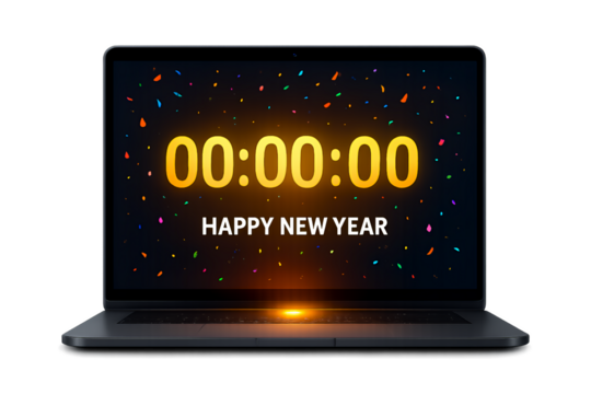 Laptop displaying 000000 and happy new year with confetti, isolated on transparent background