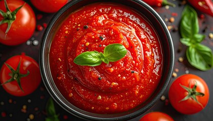 Red Tomato Sauce in Black Bowl Close Up Top View with Tomatoes Basil Leaves and Spices on Dark Surface for Culinary Food Photography
