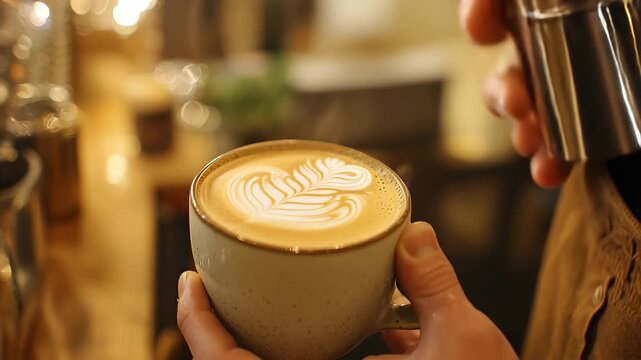 Cinematic close-up of barista pouring milk into hot coffee cup creating latte art rosetta pattern, cozy cafe lifestyle, artisan espresso drink, 4K slow motion food and beverage commercial footage