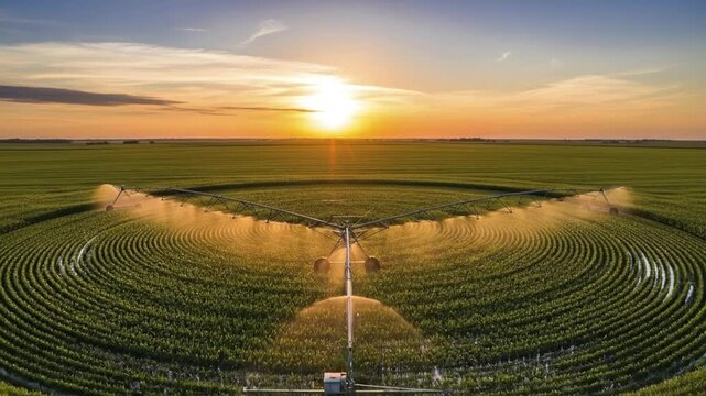A stunning aerial view of a center-pivot irrigation system watering a vast, circular green field at sunset. The golden light of the setting sun illuminates the water spray, creating a beautiful mist o