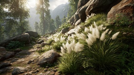 Fototapeta premium A scenic hiking path winds through a natural landscape with fluffy pampas grass, boulders, and trees on a bright sunny day in the mountains.