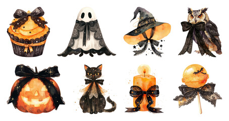 PNG Whimsical Halloween-themed illustrations, element set on transparent background