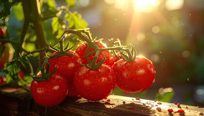 Red Tomatoes on Wooden Surface Illuminated by Golden Sunlight in Garden