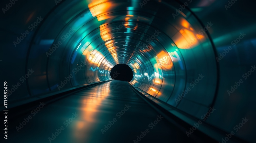 Poster illuminated tunnel: an enticing glimpse into the depths of a vibrant, high-tech tunnel, the play of 