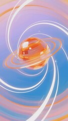 Stylized illustration of a ringed planet with swirling orbital paths against a gradient sky