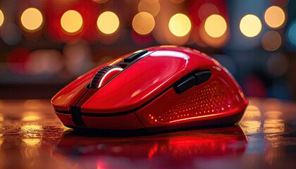 Red Wireless Mouse on Reflective Surface with Bokeh Lights Minimalist Photography