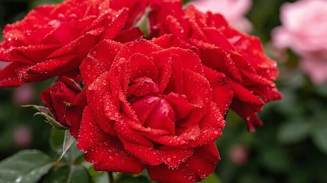 A stunning close-up of a vibrant red rose, its delicate petals covered in glistening water droplets from morning dew or recent rain. The camera captures the intricate textures and rich color of the bl