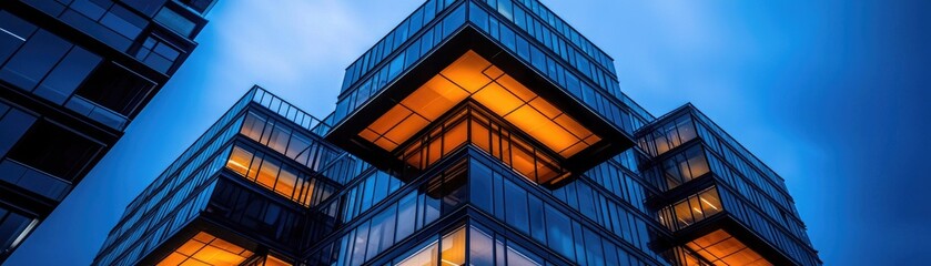 Modern skyscraper illuminated at twilight.
