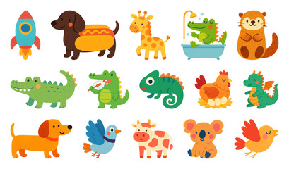 Obraz premium PNG Colorful cartoon animal illustrations, element set on transparent background