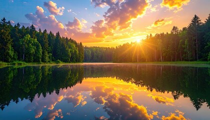 Reflective Lake Surrounded by a Forest at Golden Sunset with Sun Rays and Ultra Sharp Leaf Detail in Cinematic Hdr Nature Photography