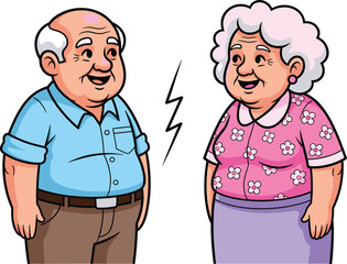 Cartoon elderly couple smiling, senior man and woman illustration, happy grandparents character design, old age people relationship, vector art