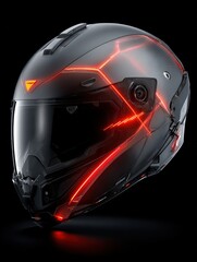 Fototapeta premium A futuristic motorcycle helmet with glowing red lines sits against a stark black background displaying its sleek modern design and aesthetic appeal.