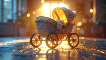 Retro Blue and Gold Baby Stroller in Warm Sunlight Interior