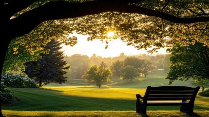 Tranquil sunrise over a serene golf course.