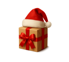 Christmas gift box with red ribbon and santa hat isolated on transparent background