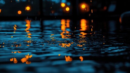 A close-up view of raindrops reflecting city lights on a dark night.