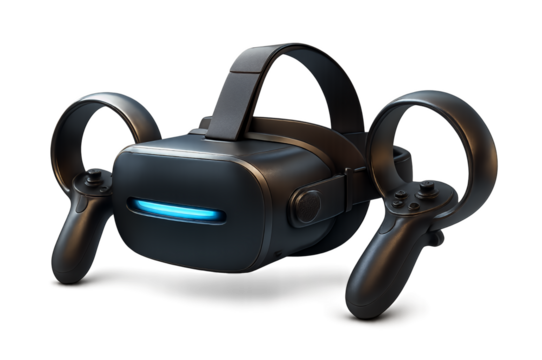 Virtual reality headset with controllers for immersive gaming and entertainment isolated on transparent background