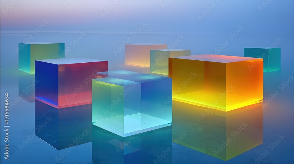 Poster multicolored translucent cubes scattered on a reflective blue surface create an abstract geometric d