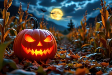 Halloween pumpkin in a cornfield at night, shiny style. Object is on the left with space on the right for text.