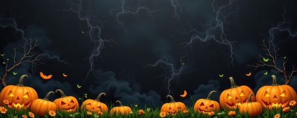 An evil carved pumpkin decoration with a scary face rests on the grass, a symbol of the dark Halloween season.