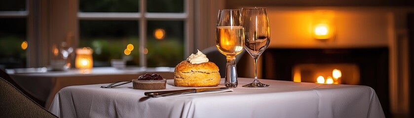 A delectable scone and wine pairing on a table setting.