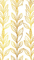 Gold leaf design, vertical, repeating pattern of stylized leaves and stems on white background